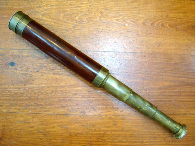 A nice mid 19th century English three-draw telescope with mahogany barrel, unsigned